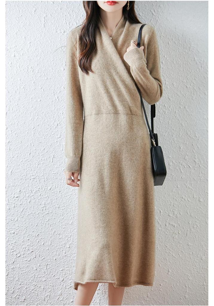 Women's V-Neck Knee-Length Pure Wool Dress - Loose Waist, Solid Color, Long Sleeve for Autumn/Winter