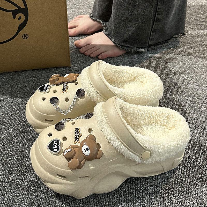 New velvet hole shoes women's winter non-slip outer wear cotton shoes heightened thick-soled home removable cotton slippers