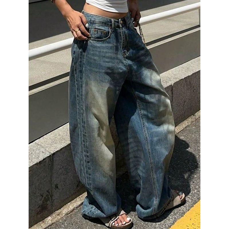 Retro Blue Washed Straight-leg Denim Female American Stylish Loose Easiest for Match Casual Wide-Leg Draggle-Tail Trousers