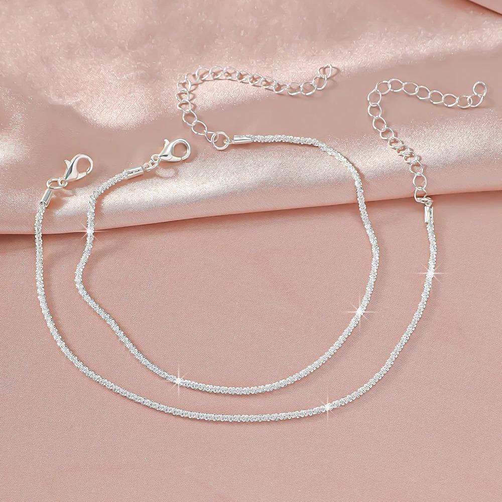 1/2Pcs Shiny Sparkling Simple Silver Color Anklet For Women Simple Elegant Copper Jewelry Female Beach Ankle Bracelet On Foot