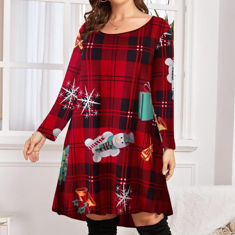 Women's Fashion Christmas Print Midi Sleeve Plus Size Dresses