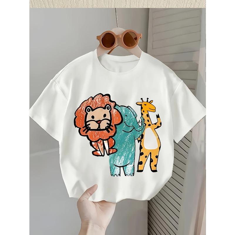 European sizes Boys' Cute and Cool Cartoon Print Letter T-Shirt - Soft, Breathable Round Neck Short Sleeve Tee with Whimsical Three Animal Design