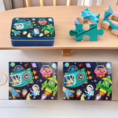 100-Piece Wooden Puzzle In Tin Box for Kids - Brain-Training Toy with Handmade Storage