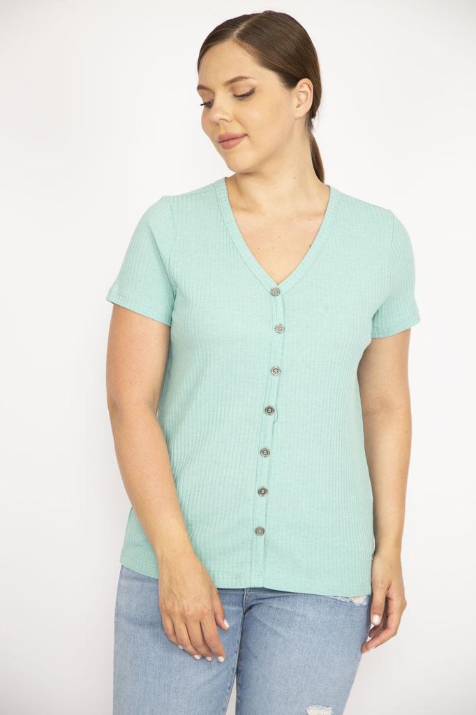 Damska Bluzka Duży Rozmiar Zielona Dekolt V Zapinana na Guziki Z Przodu Kamizelka Materiał Krótki Rękaw Bluzka