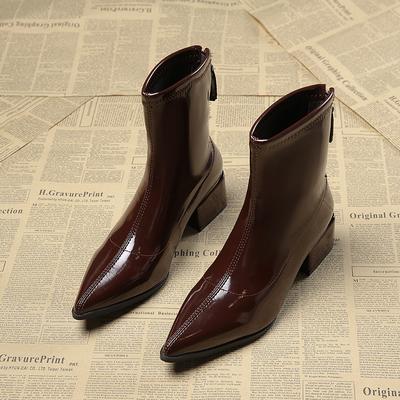 Autumn Patent Leather Women Ankle Boots Thick Heels Ladies Shoes Pointed Toe Comfortable Short Botas De Mujer