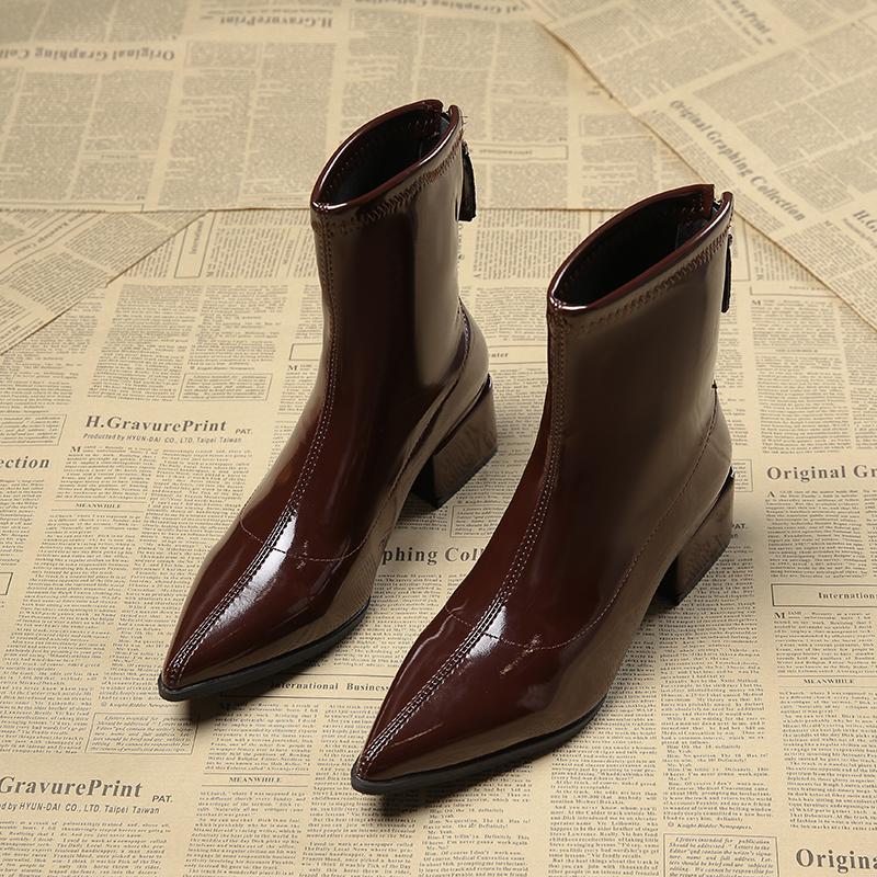 

Autumn Patent Leather Women Ankle Boots Thick Heels Ladies Shoes Pointed Toe Comfortable Short Botas De Mujer 35 коричневый