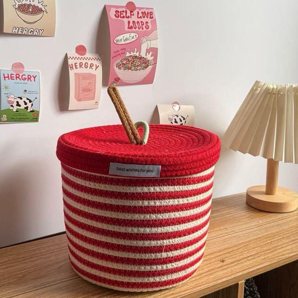 Cotton Tead Woven Storage Basket Red White Organizer Basket Cartoon Covered Basket Women Use