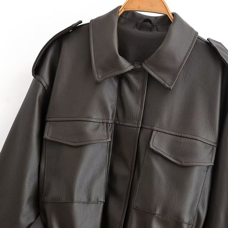 Za New Fall Women's Clothing 2025 Fashion Style French Fashion All-Match Loose Fitting Pocket Decoration Imitation Leather Jacket Outwear