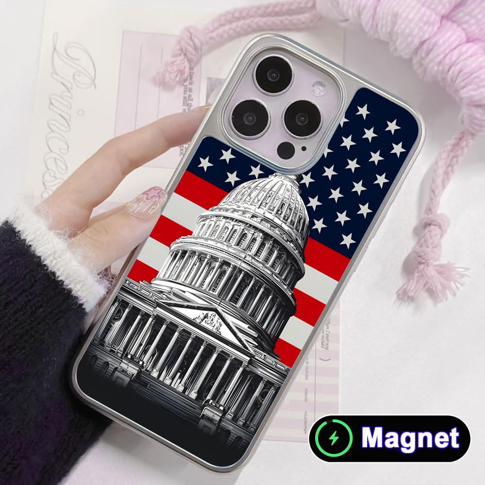 USA America Flag Silver Plating Magsafe Mobile Phone Case for iPhone 17 16 15 14 13 12 11 Air Pro Max Plus Colorful Cover