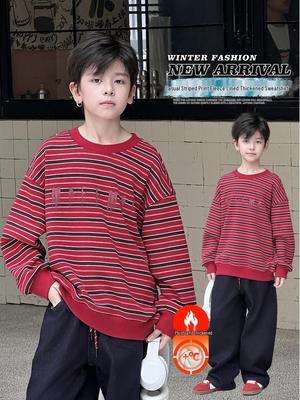 Men's Crew Neck Striped Sweatshirt - 2025 Autumn/Winter Warm Korean Style, Loose Fit for Kids, Teens & Adults