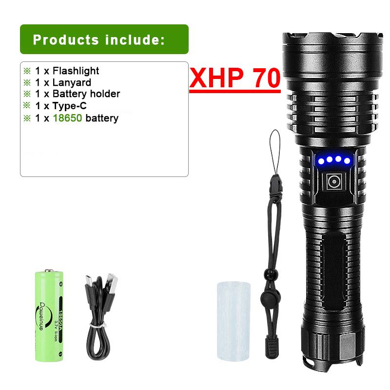 XHP70 Hochleistungs-LED-Taschenlampe, wiederaufladbare Taschenlampe, leistungsstarkes Blitzlicht, Zoom, wasserdichte Taschenlampe, Campinglicht