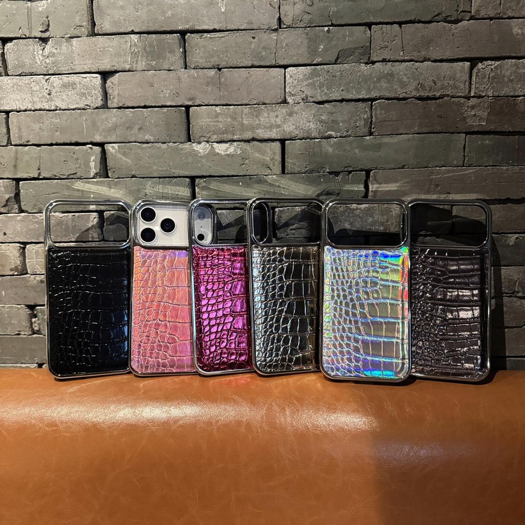 Luxury Aurora Crocodile Pattern Leather Phone Case For iPhone 17 Air 16 15 14 13 12 11 Pro Max Plus Plating Gradient Laser  Shockproof protect Cover