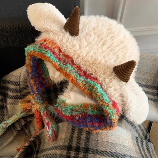 Knitting Hat Windproof Warm Solid Color Elastic Thermal Lamb Ear Design Winter Hat Cold Weather Headwear