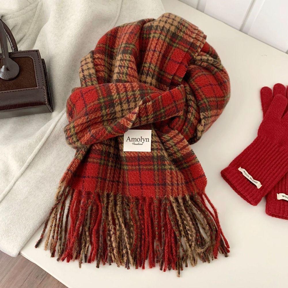 Sweet Plaid Wool Scarf New Year Red Long Shawl Thicken Winter Knitted Scarves  Women/Men