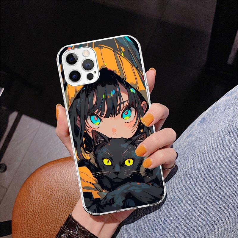 Anime Girls Cute Black Cat Phone Case For iPhone 17 Air 16 Pro Max 16E 15 + 14 Plus 11 12 13 Mini 7 8 SE Gift Print Cover Fundas
