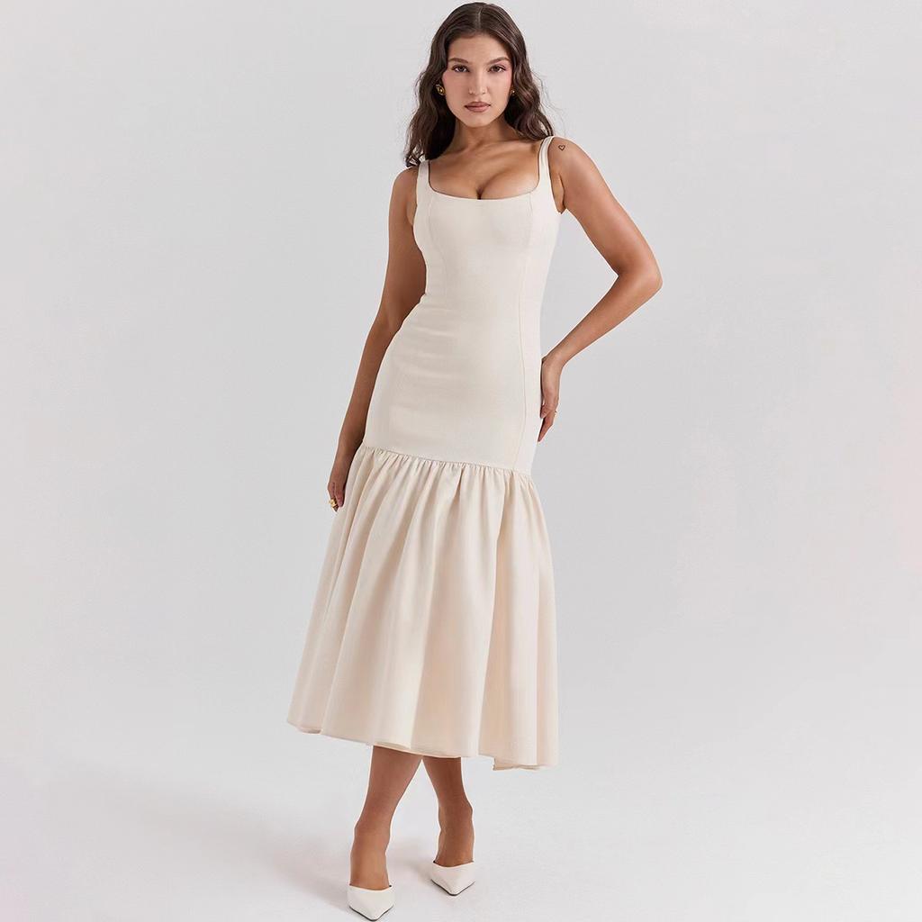 Women's Square Neck Sleeveless Slim High Waist Elegant Solid Midi Dress Maxi Dress