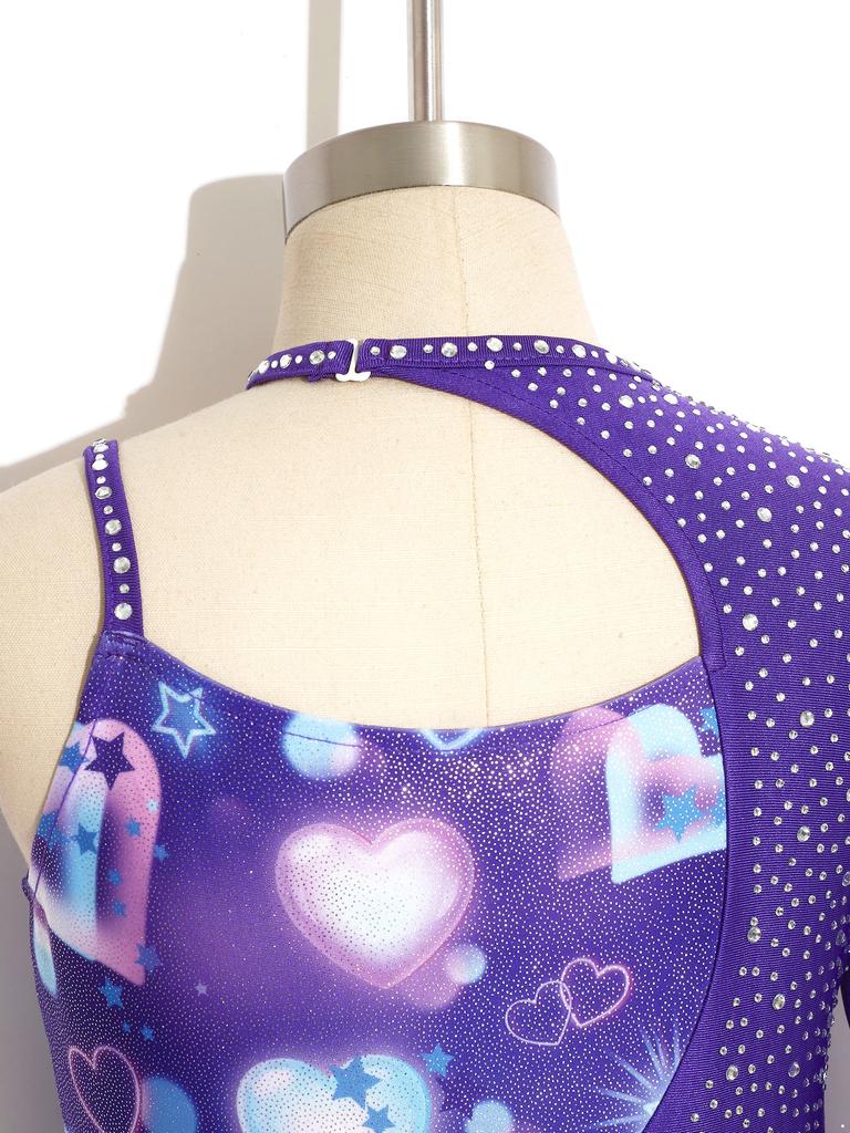 Girls Shiny Rhinestone Printed Gymnastics Jumpsuit Asymmetrical Full Length Bodysuit