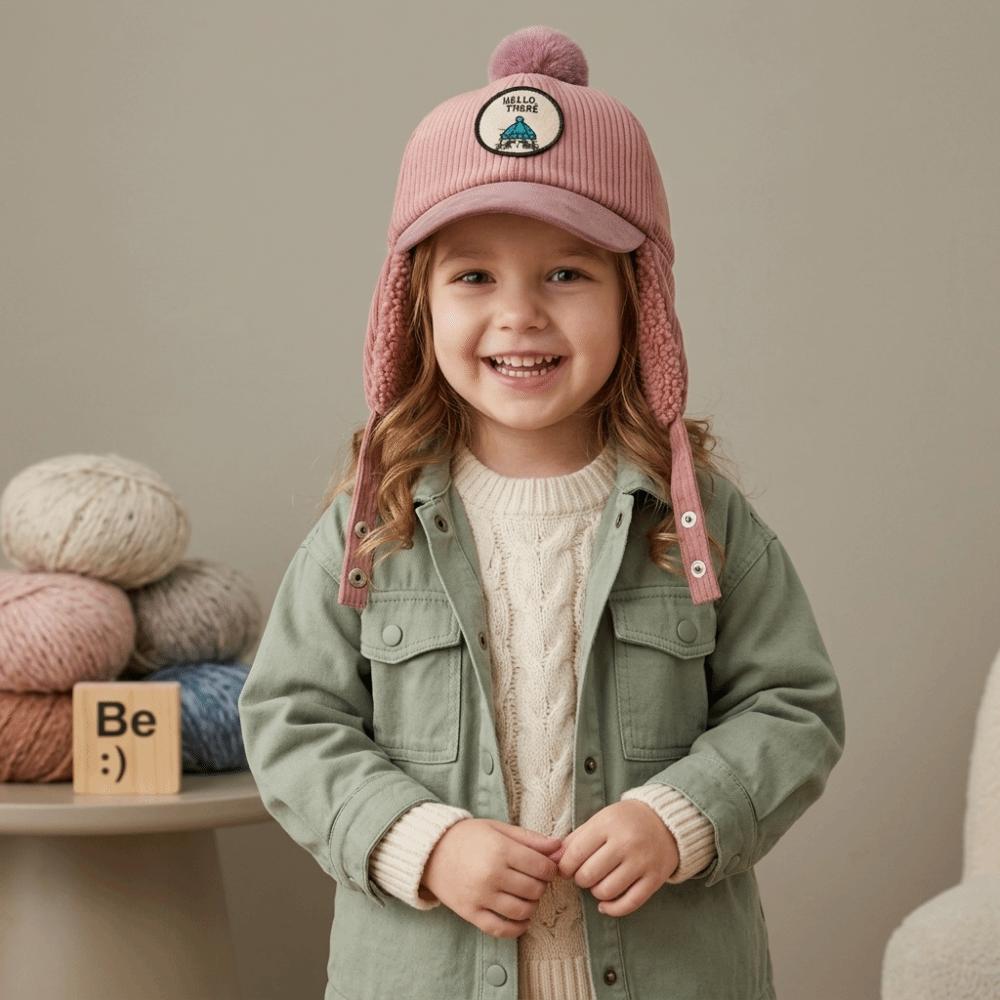 Solid Color Baby Ear Protection Cap Faux Lamb Fleece Lining Toddler Kids Cap For Boys And Girls