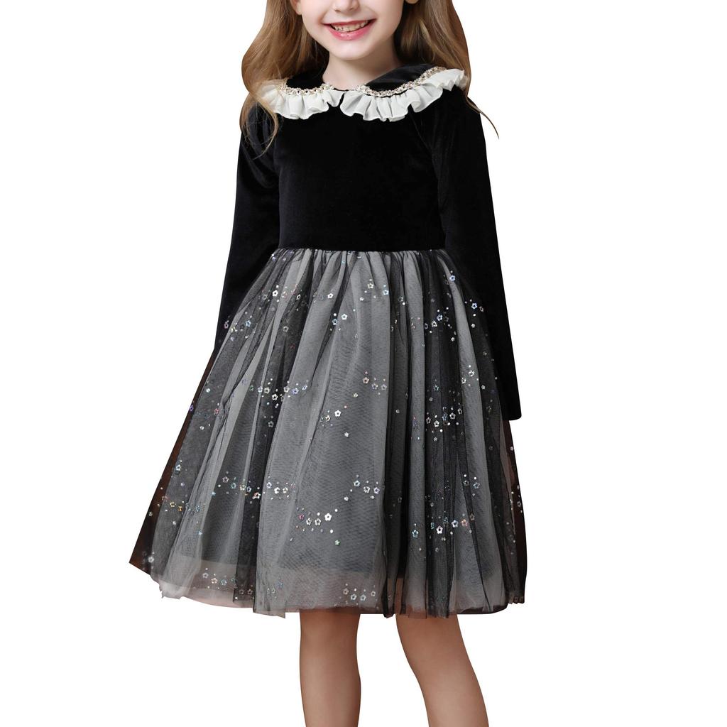 Weileenice Piano Recital Size Long Sleeve Black Princess Mourning Perfect for Memorial and More Dress, 140, Gray, Fall/Winter, Girls' Outfit, Dress,
