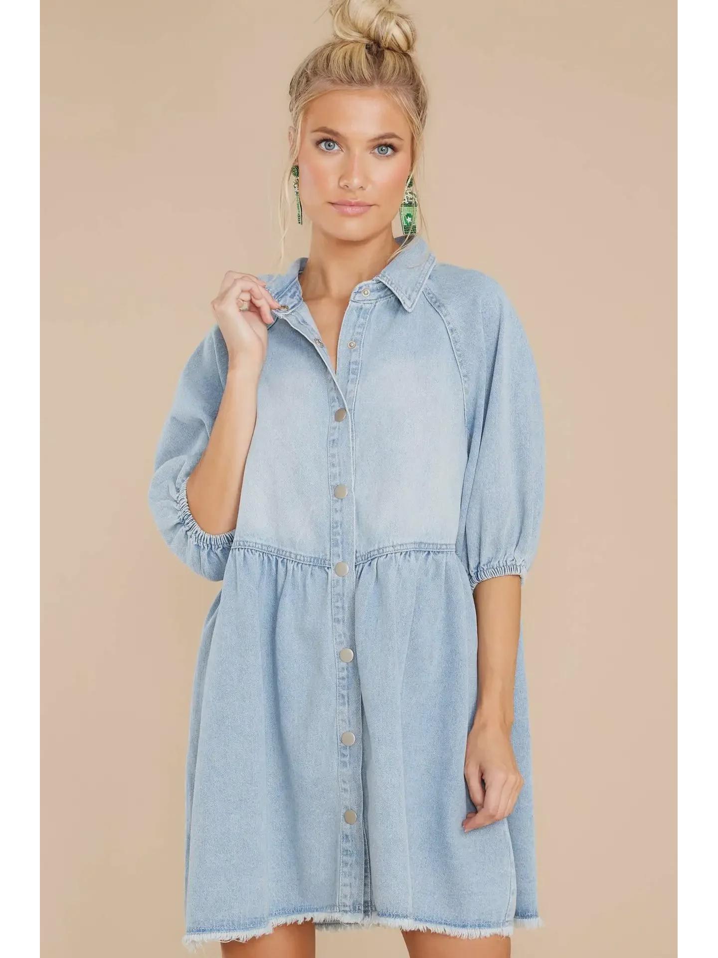 

2023 Женское однотонное джинсовое платье с рукавом средней длины, облегающее талию - Европейский и американский стиль XXXL светло-синий