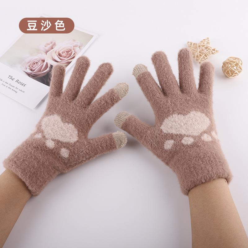 New Thermal Gloves Women's Winter Cute Cat Claws Piled Thickened Wool Knitted Touch Screen Gloves
