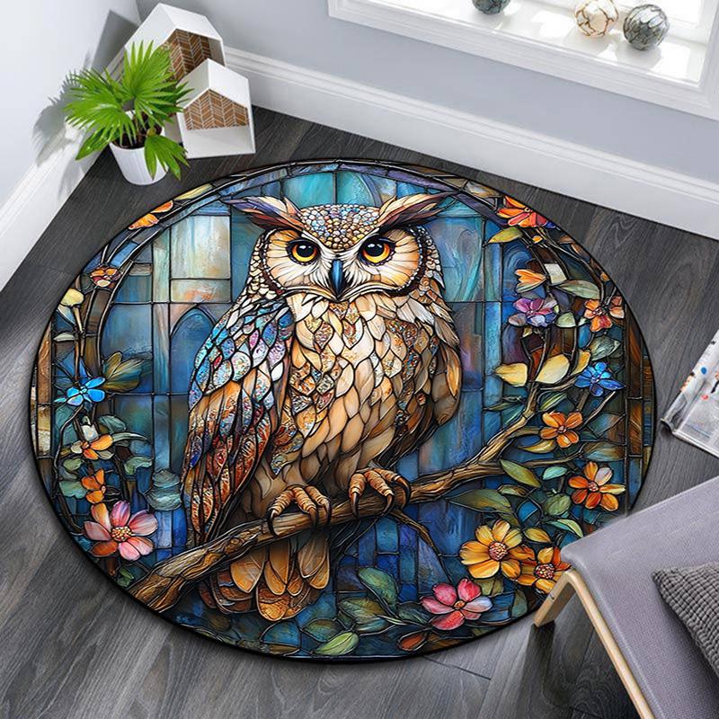 Owls and Flowers Round Area Rug,Carpet Rug for Living Room Bedroom Sofa Playroom Decor,Non-slip Floor Mat