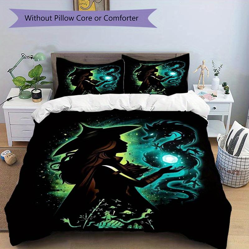 3pcs Witch & Dragon Fantasy Art Printed Quilt Set - Includes 1 Quilt Cover and 2 Pillowcases, Machine Washable - Suitable for All Seasons.S101