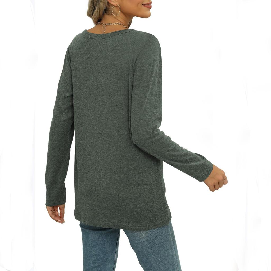 Women's Fashionable Casual V-neck Color Cotton Solid Color Long Sleeved Loose Women's T-shirt Top
