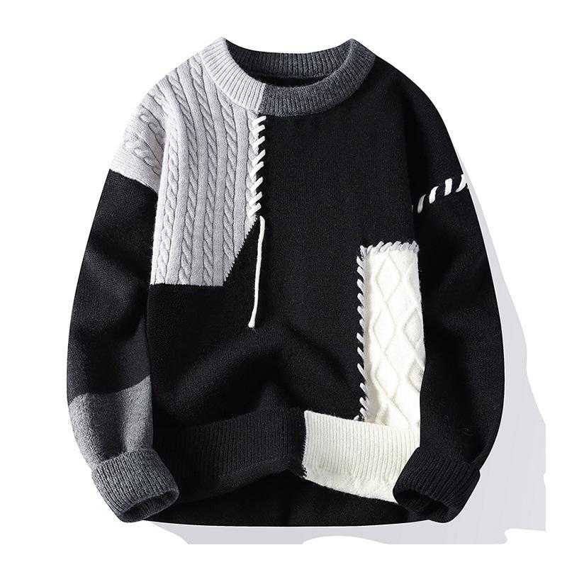 Men s Loose-Fit Color-Blocked Crew Neck Sweater - Trendy, Warm, Plus Size Knit for Autumn/Winter. M (90-105 jin)