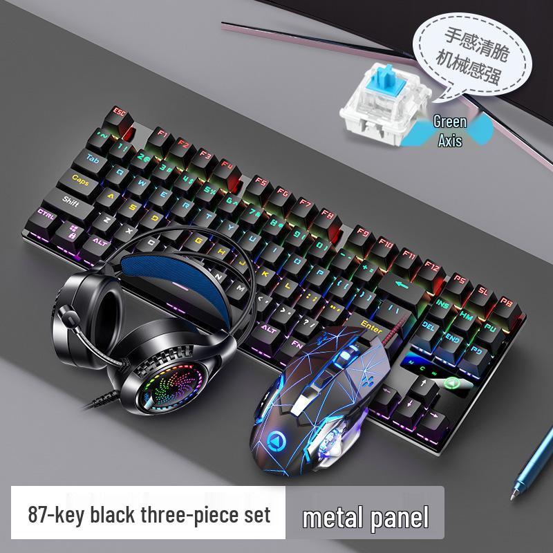 Silver Carving Mechanical Keyboard Set: 87/104 Keys, Blue/Black Clicky Switches, Mouse & Headset for Wired Esports Gaming