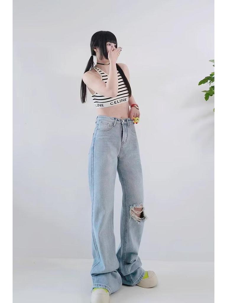 Women's High Waist Ripped Straight-Leg Jeans - Light Blue, Spring/Autumn 2024, Floor-Length, Slimming Fit