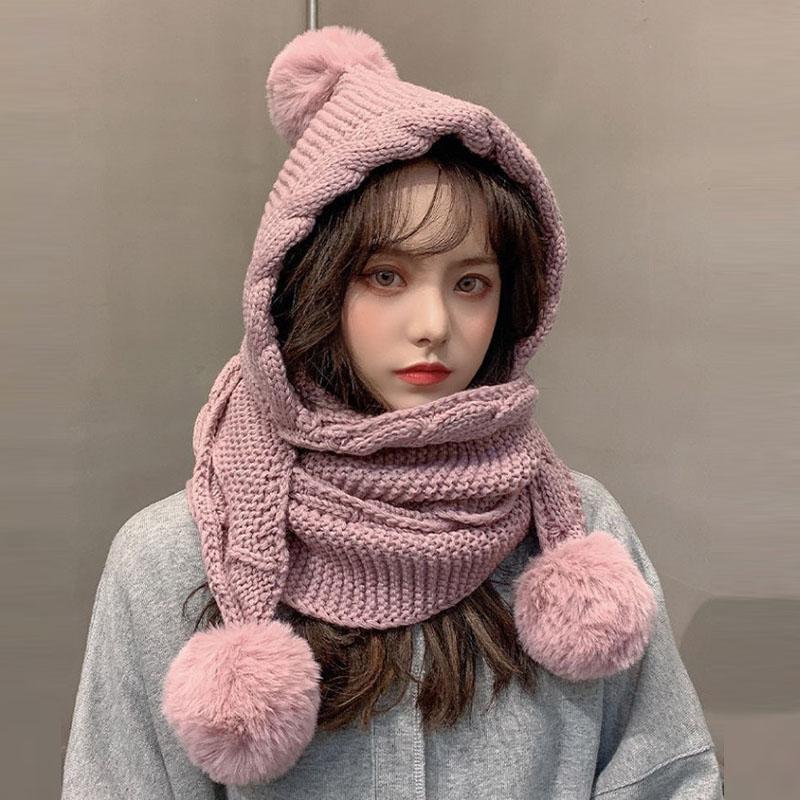 Women's Winter Hat Scarf Set Thermal Wool Pom Beanie&balaclava For Extreme Cold Versatile Hat With Attached Scarf Knitted Hat