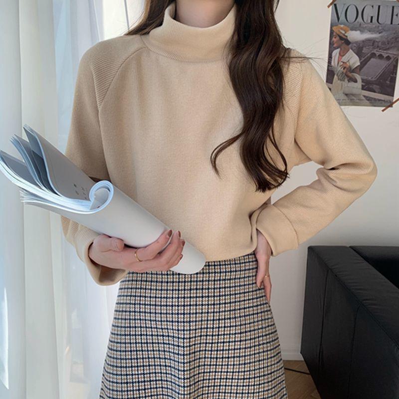 Korean-Style Autumn Loose Mid-High Neck Long Sleeve Shirt for Women - Solid Color Trendy Base Layer.