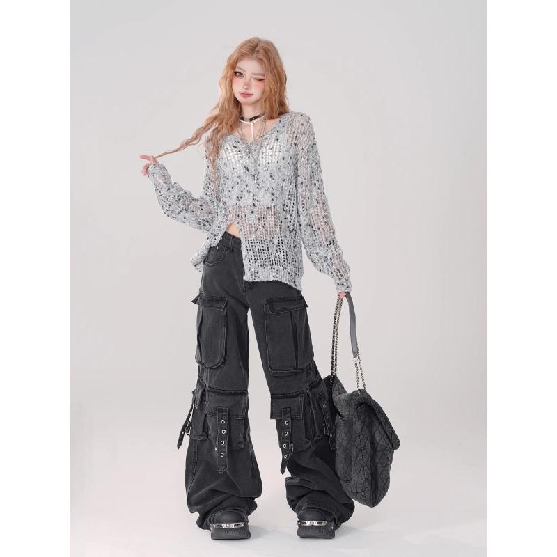 Női Y2k Amerikai Retro Több Zsebes Cargo Farmer Amerikai Vintage Gyaru Esztétika Grunge Farmer Egyenes Farmer Nadrág