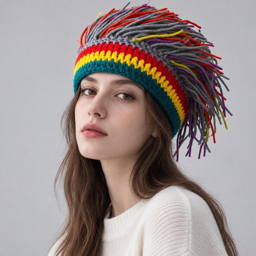 Knitted Beanie with Dangling Yarn Strands Full-Coverage Dread