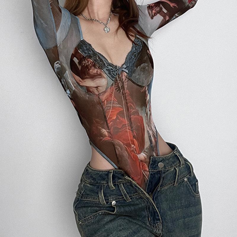 Women's Artistic Print Long Sleeve Mesh Bodysuit, Vintage Renaissance Graphic Sheer Slim Fit Top Jumpsuit Lace Panel Lightweight Top Personality