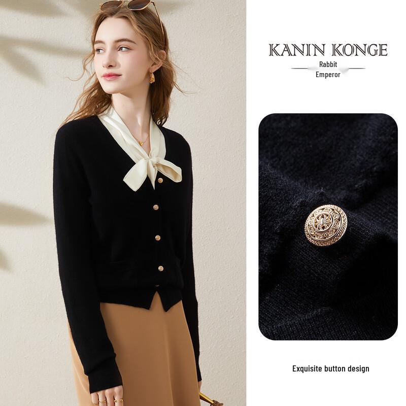 TUHUANG Women's V-Neck 100% Wool Cardigan with Pockets