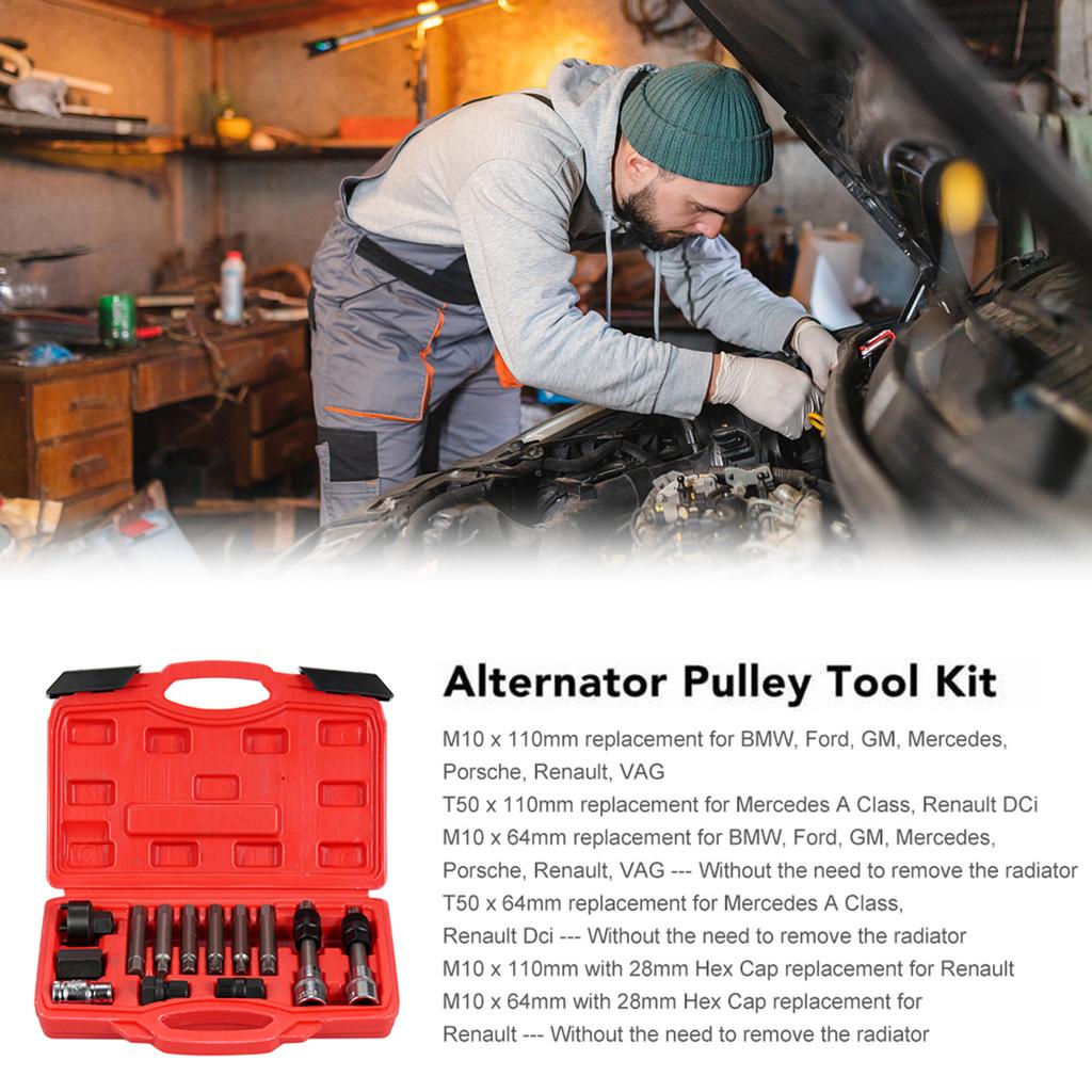 13 Pcs Alternator Pulley Tool Kit, Alternator Freewheel Pulley Puller Removal Engine Auto Tool Set