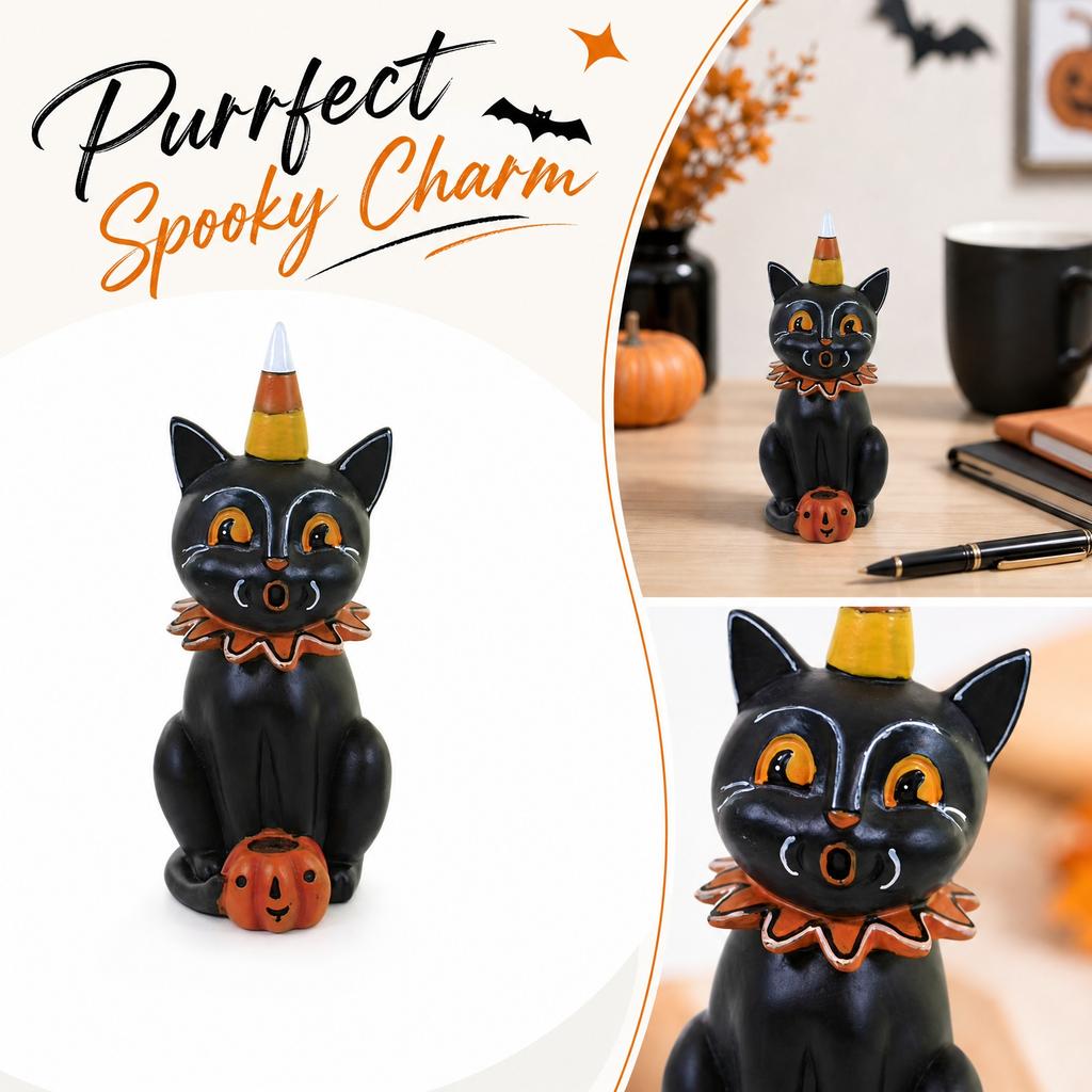 Halloween Cat Figurine Sitting with Pumpkin and Candy Corn Hat Decorative Resin Statue for Seasonal Tabletop Display and Home Decor