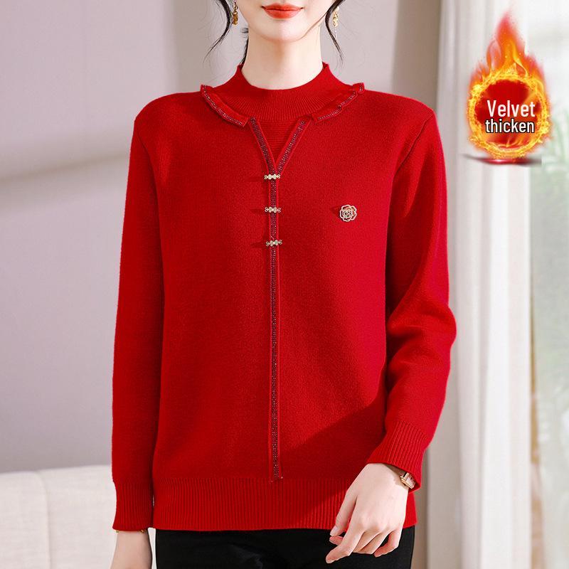 Mom's Velvet-Lined Faux Two-Piece Winter Sweater for Chinese New Year - Warm Base Layer for Middle-Aged & Elderly Women