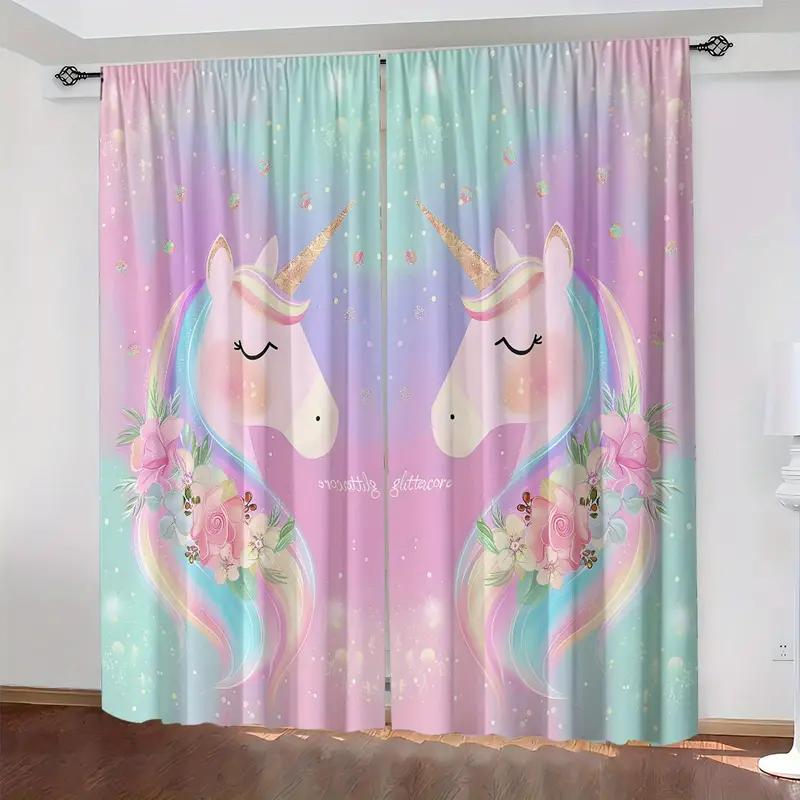 2PCS Pink Green Unicorn Curtain with Pole Bag Design   Protecting Privacy   Suitable for Various Decorative Scenes