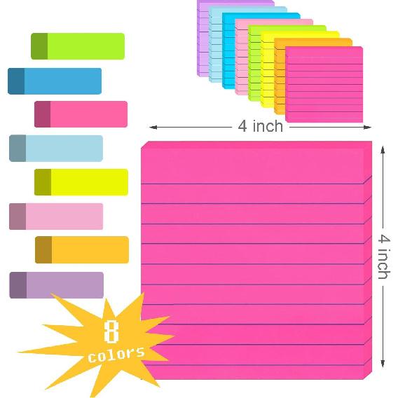 (8 Pads) Lined Sticky Notes 4x4 in Post, 8 Colors Self Sticky Notes Pad Its, Bright Post Stickies Colorful Big Rectangular Sticky Notes Ruled
