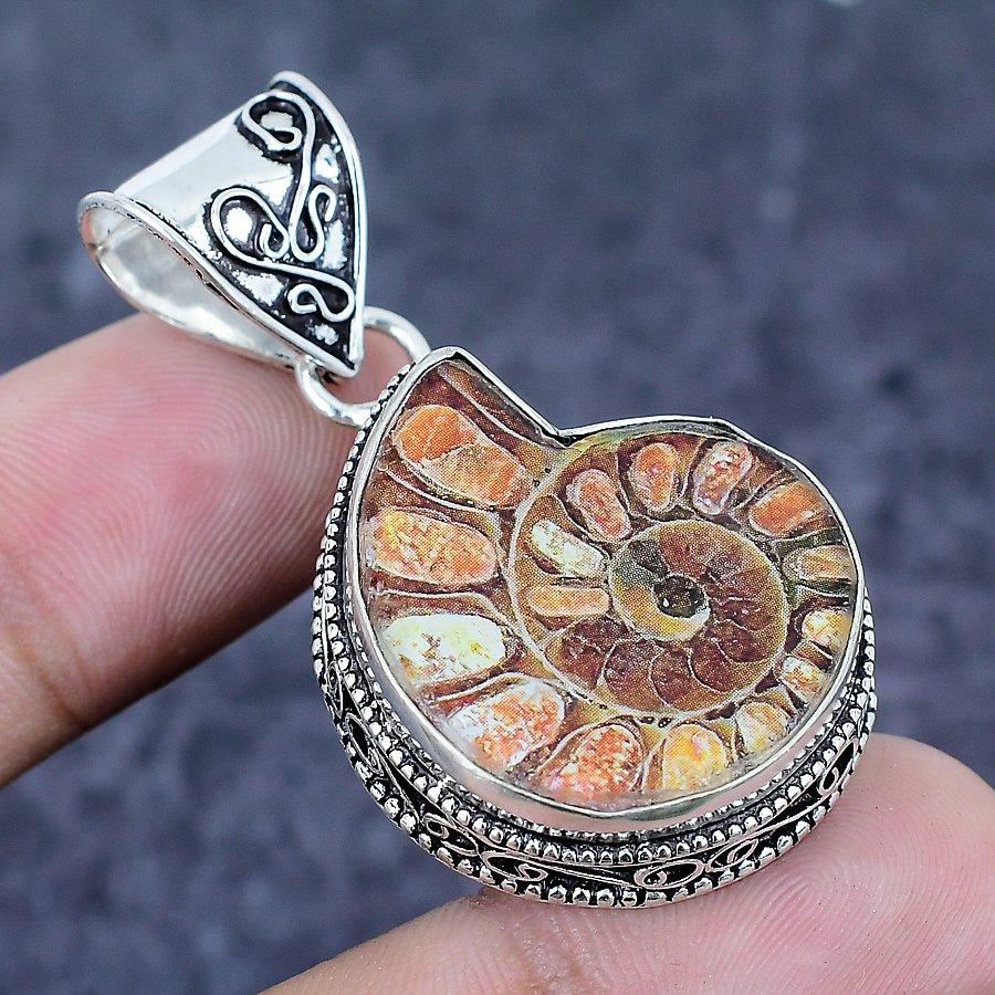 Ammonite Fossil Gemstone Handmade 925 Sterling Silver Jewelry Pendant 1.85" j3R04