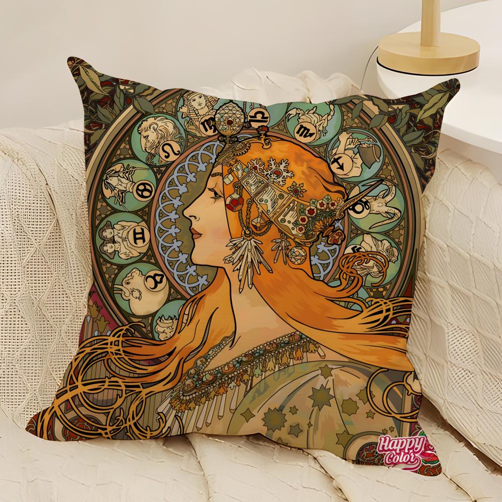 Art AAlphonse MMucha Master Pillow Case Natural Linen DoubleSided Printing Sofa Home Decor Cushion Cover