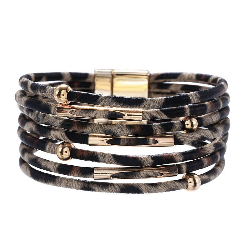 Leopard Print Magnetic Buckle Leather Bracelet: Alloy Beaded Cord with Copper Tube