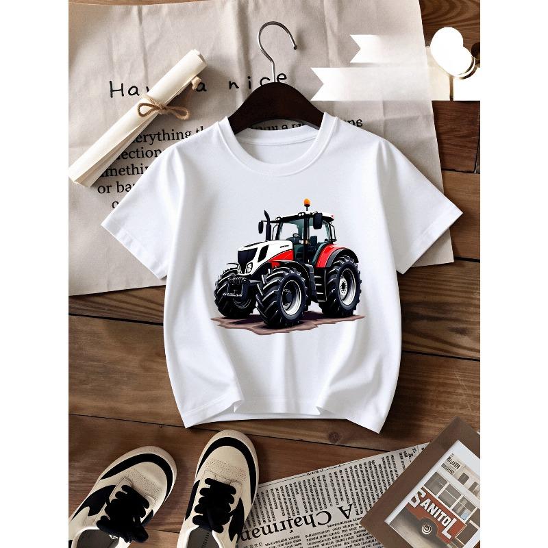 European Sizes Boys' Cotton T-shirt Tractor Design Pattern Print Artwork Machine Washable, Suitable for All Seasons, Ideal for Outdoor Activities