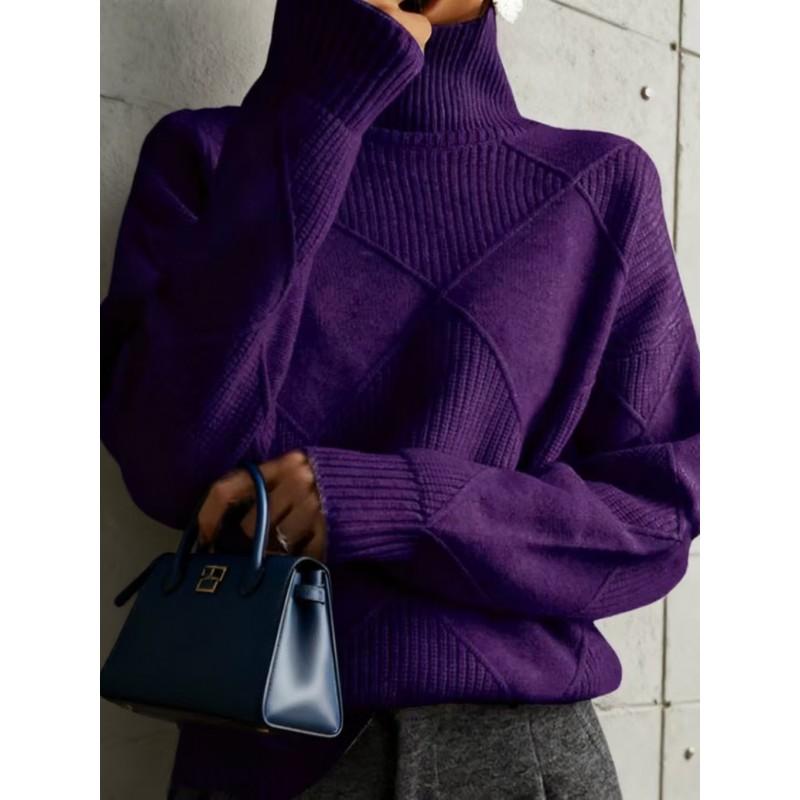 Womens High Neck Knit Sweater Solid Color Rhombus Warm Thick Long Sleeve Pullover