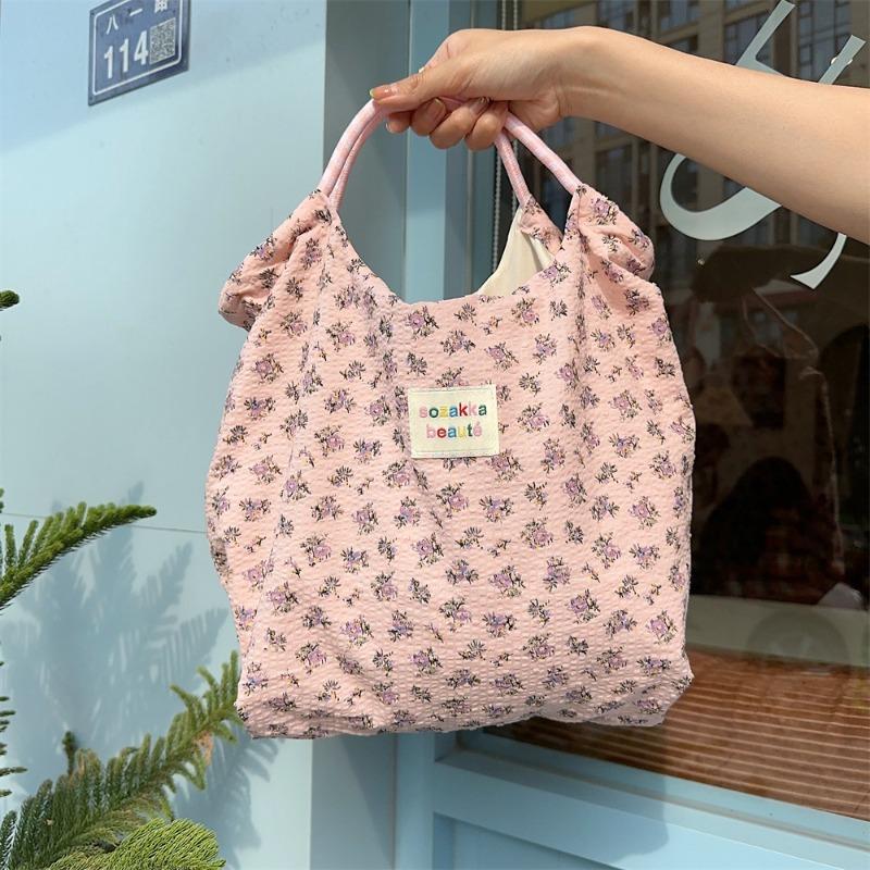 Small Floral Shoulder Canvas Bag Spring and Summer Fresh Thin Tote Bag Large Capacity Holiday Beach Bag