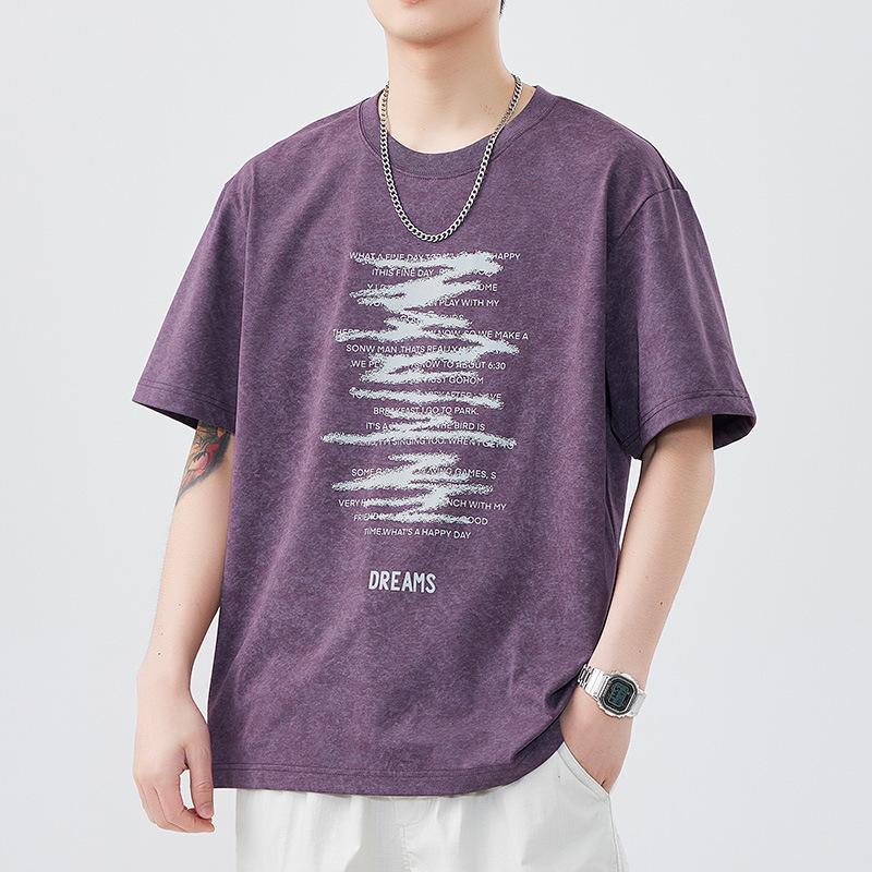 American Retro Heavy Washed Short-Sleeved Men S Summer Loose Casual Printed T-Shirt Round Neck Boys Five-Quarter Sleeves M фиолетовый