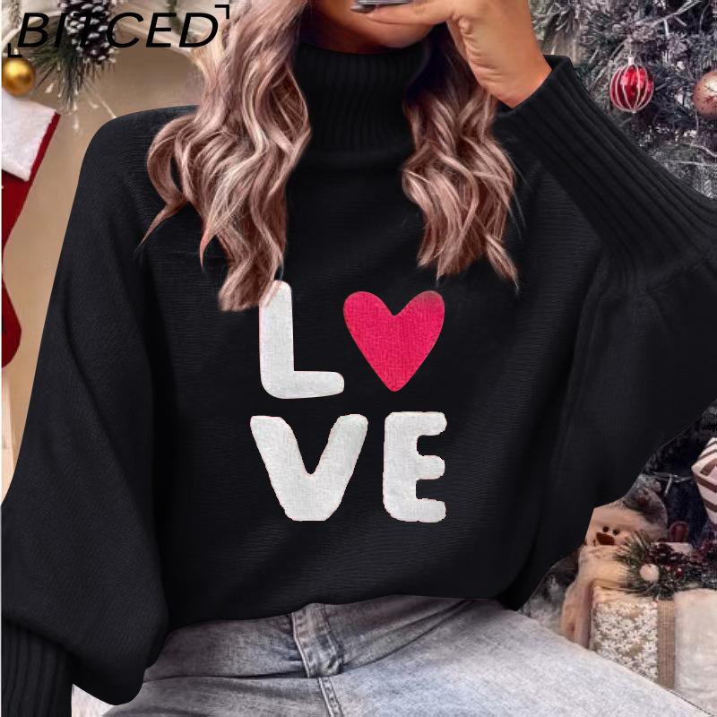 BITCED Valentine's Day LOVE Red Turtleneck Sweater Batwing Sleeve Oversized Pullover Knit Top